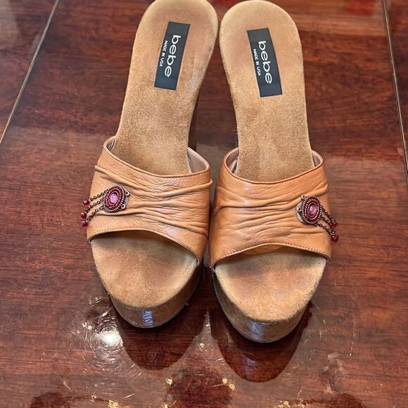 Bebe Platform Wedges Cork Tan Leather | size 6 - Picture 3 of 8